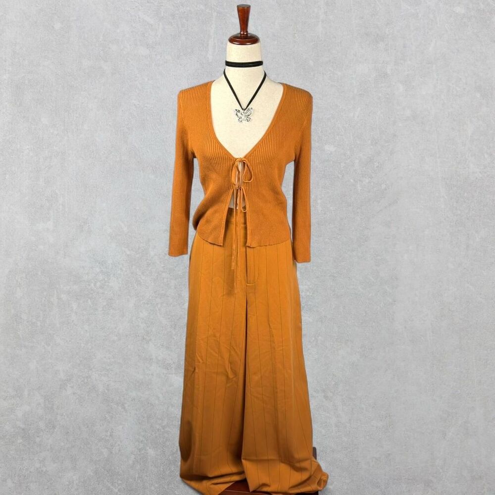 Danielle Bernstein Sienna Ribbed Knit Top & Pinstripe Wide Leg Pants 2 PC Set
